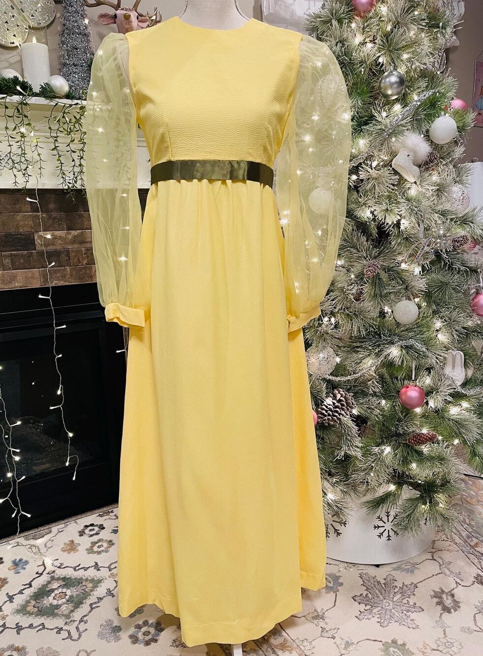 1960s Yellow Prom Dress: Handmade Vintage Evening Gown with Green Satin Bow